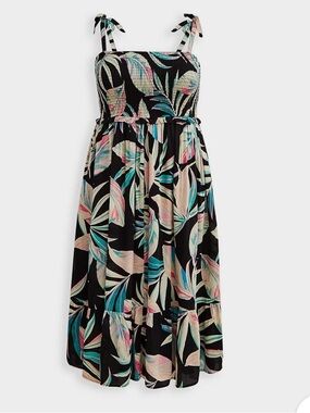 Torrid Black Tropical Print Smocked Midi Dress with Tie Straps